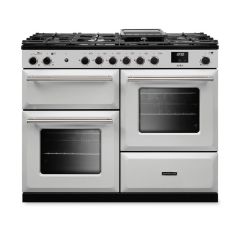Rangemaster AURO110DF/19355 image of 110cm dual fuel range cooker in white finish with brushed nickel trim