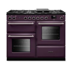 Rangemaster AURO110DF/19362 image of 110cm dual fuel range cooker in plum finish with brushed nickel finish