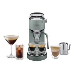 Delonghi EC890.GR image of espresso machine in green with range of drinks